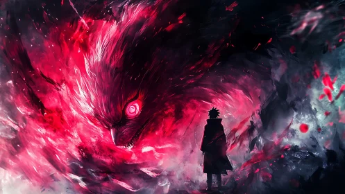 Silhouetted figure facing large red-eyed beast form.