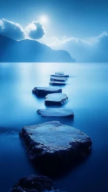 Moonlit stepping stones lead across tranquil blue seascape