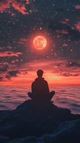 Solitary silhouette beneath crimson moonlit ocean sky.