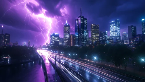 Electric night skyline glows under vivid purple lightning