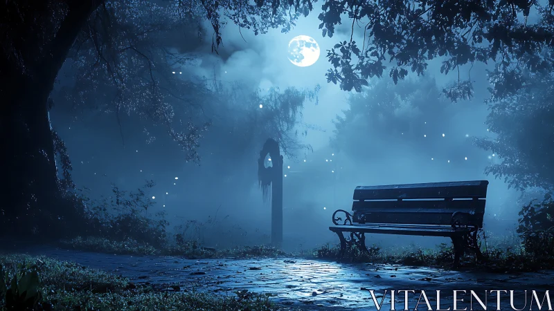 Moonlit park bench keeps quiet vigil in blue ghost fog.