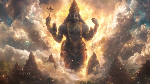 Colossal radiant deity emerging above sacred temple clouds.