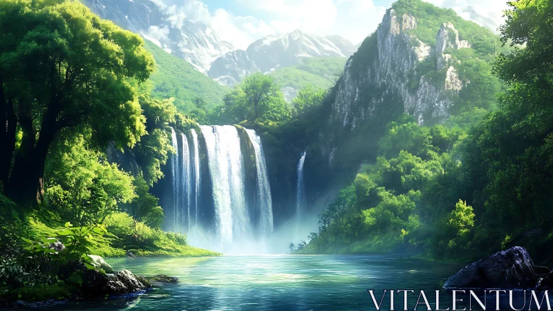 Sunlit emerald waterfall valley welcomes quiet daydreams