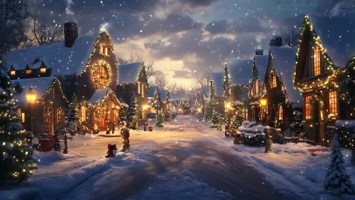Snowy Christmas village street glows with warm lights.