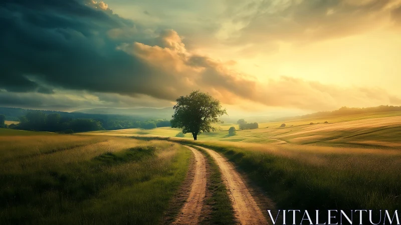 Solitary tree beside rural dirt track under dramatic sky
