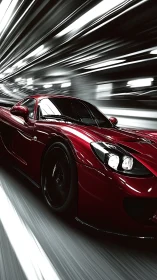 Red sports car moves through motion-blurred tunnel environment