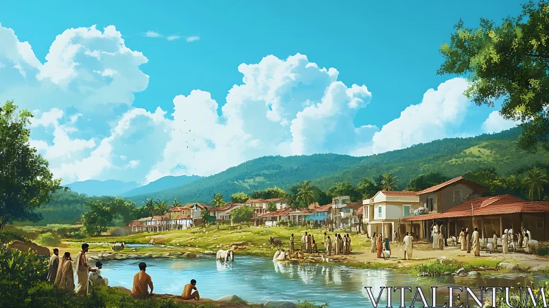 Idyllic riverside village panorama under towering cumulus clouds