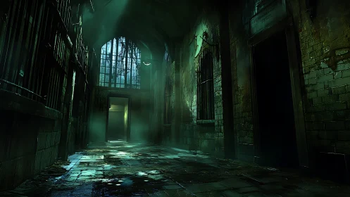 Misty green corridor where mystery lingers in the dark.