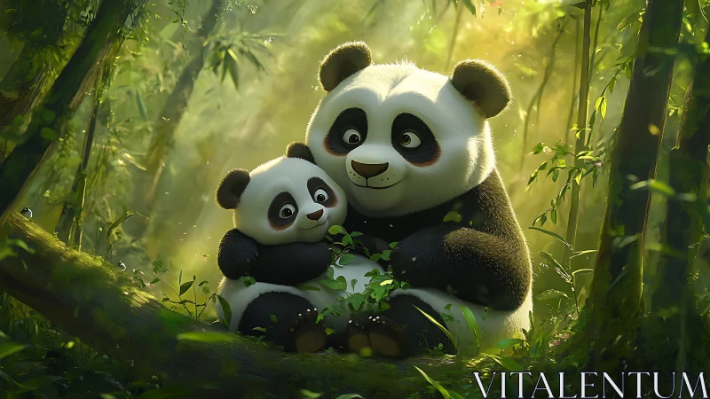 Gentle panda cuddle nestles in sunlit fairy-tale bamboo grove.
