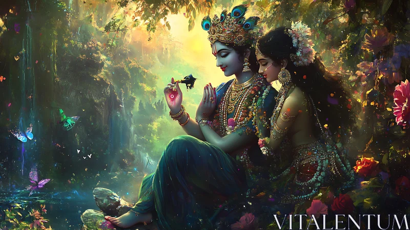 Divine couple shares glowing heart in jeweled forest grove