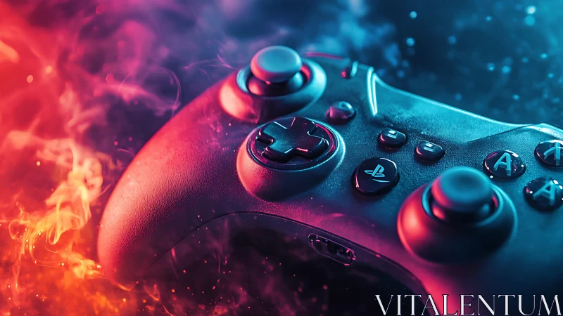 Neon-lit gaming controller glows amid swirling red and blue smoke.