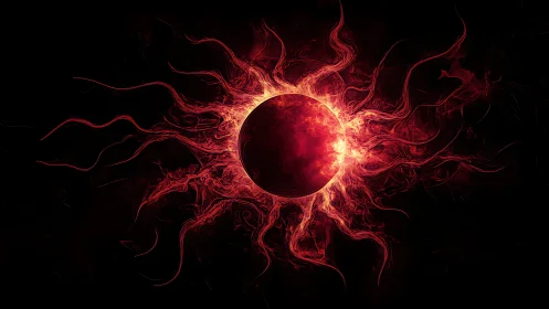 Plasma-corona eclipse sphere with filamentary flare dynamics.