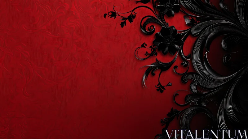 Black baroque floral scrolls curve over textured red field