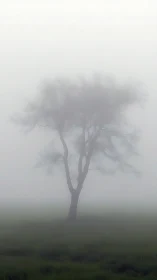 Solitary mist-born tree standing quiet in pale morning hush.