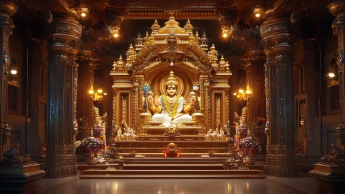 Golden temple deity glows in an ornate, candlelit sanctuary