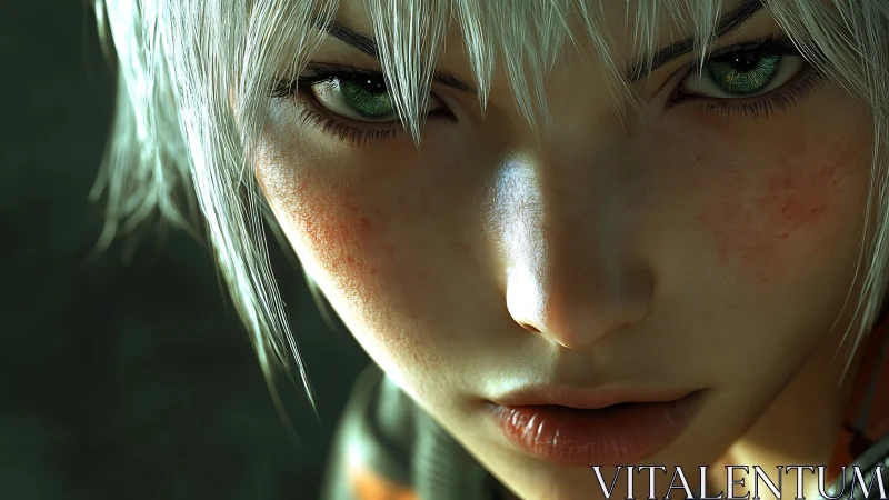 Intense silver haired warrior stares with icy resolve