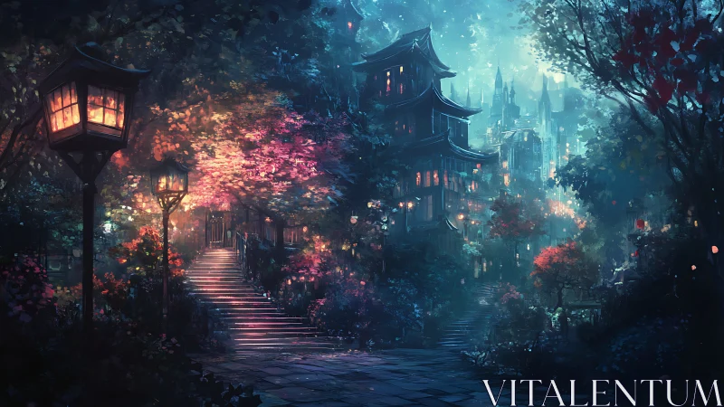 Moonlit garden stairs lead toward a glowing fantasy pagoda