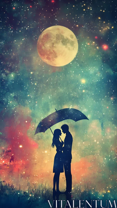 Silhouetted Couple Under Cosmic Moon with Umbrella.
