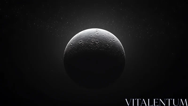 Silent cratered moon drifting through velvet star fog.