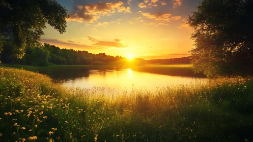 Sunlit lakeshore meadow captures low-angle golden hour illumination