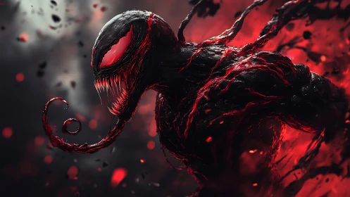 Ferocious red-black symbiote monster amid swirling chaos.