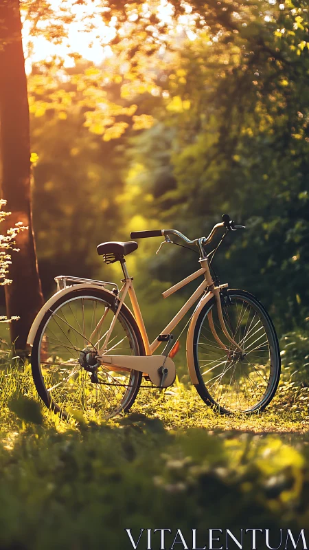 Bicycle Bathed in Golden Sunlight on Tree-Lined Path
