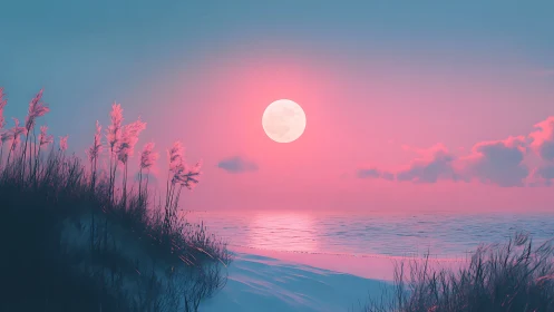 Pink moonrise over calm sea and silhouetted dune grass.