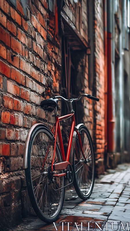 Red bicycle leaning against weathered brick wall in urban alley