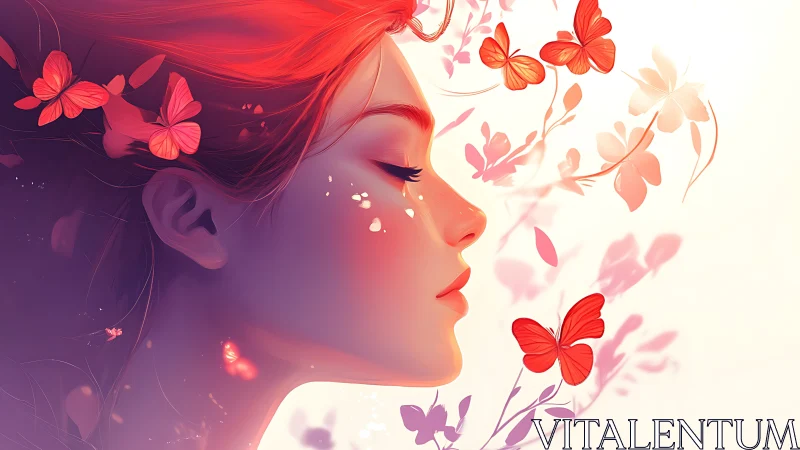 Dreamlike profile with luminous butterflies in soft bloom.