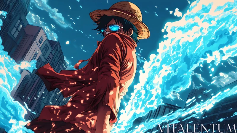 Straw hat hero commands urban torrent of cyan energy.