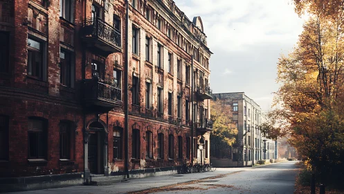 Photorealistic autumn streetscape with historic brick facades.