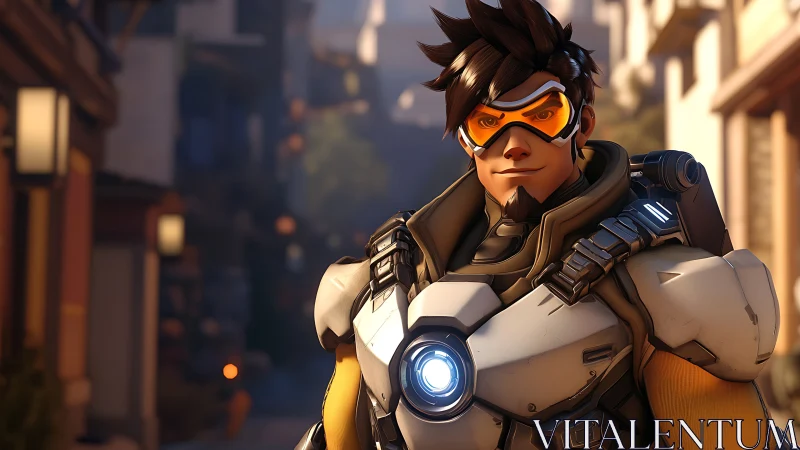 Armored sci fi character stands in sunlit urban alleyway