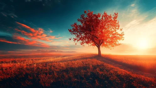 Solitary crimson tree basking in a blazing dreamscape sunset.