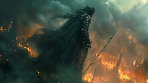 Armored dark figure with sword overlooking burning landscape.