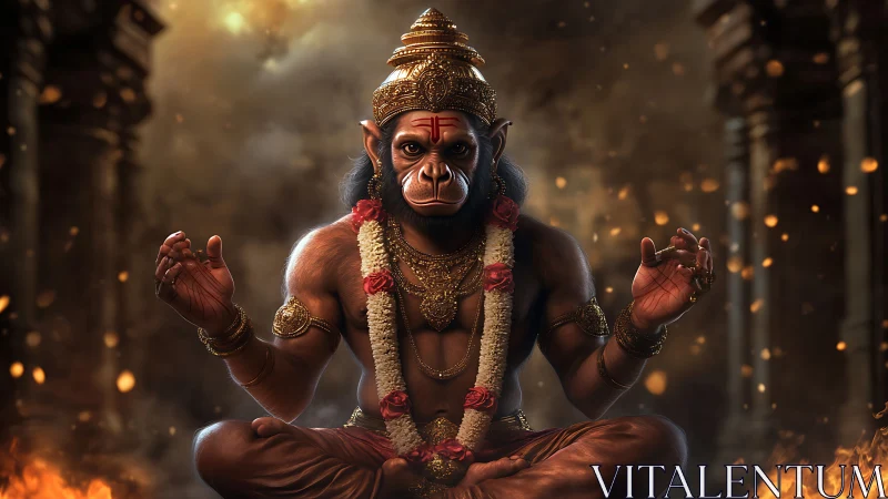 Divine simian deity meditates amid embers and temple ruins