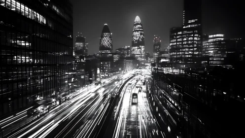 Midnight city rush tracing silver ribbons of moving light.