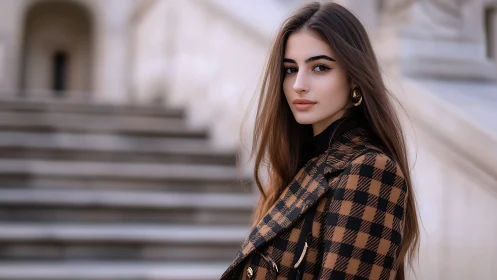 Photorealistic urban portrait on stone stairway backdrop.