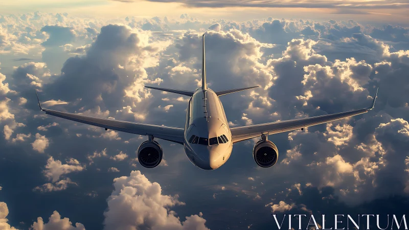Jet airliner piercing golden sunset clouds in flight.