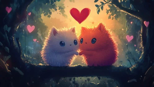 Two Fluffy Kittens Facing Each Other in Glowing Forest.
