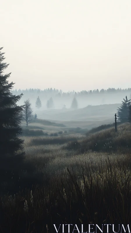 Foggy meadow landscape receding into distant forest line