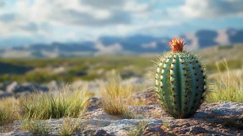 Round cactus blooms softly under vast desert skies