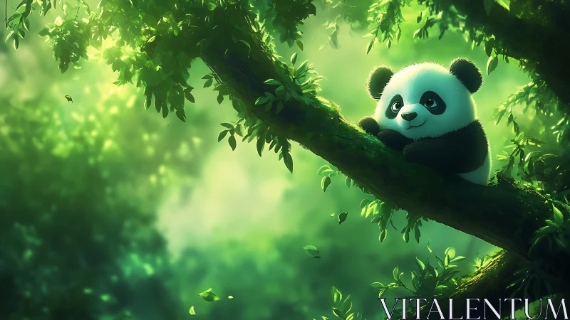 Cute panda cub rests on mossy branch in glowing forest