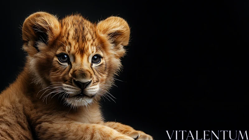 Young lion cub gazes softly against deep black backdrop