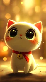 Golden Luck Cat Glowing Warmly Against Bokeh Background.