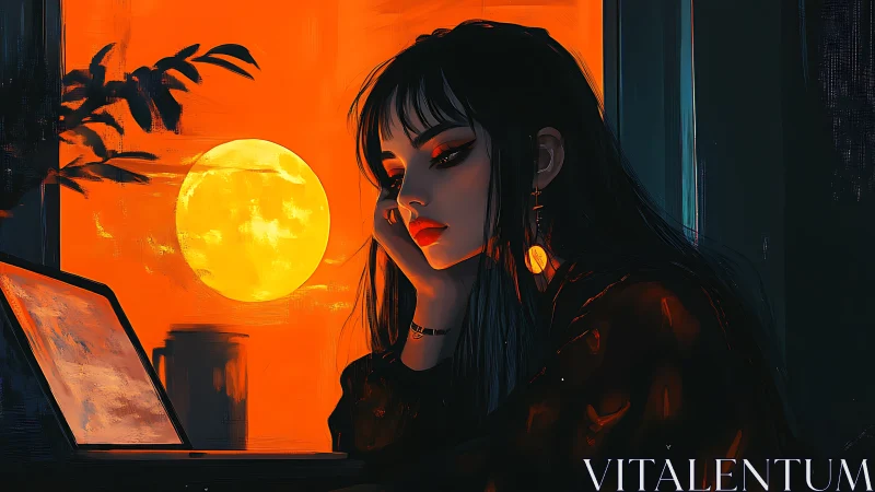 Melancholic woman at laptop under bold orange moon glow.