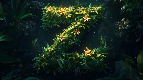 Letter Z constructed from dense foliage within dark jungle