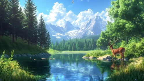 Deer at crystal lake beneath storybook alpine peaks.
