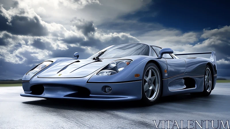 Storm-lit silver supercar crouches low, ready to pounce fast