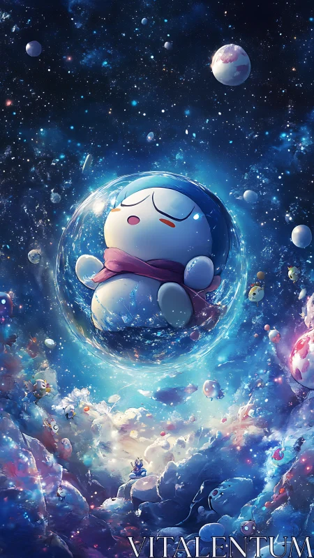 Spherical mascot drifts in nebular space cloud with luminous particles