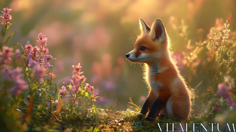 Gentle fox cub resting in golden wildflowers at sunrise.
